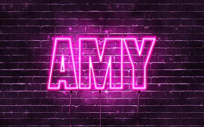 Amy, 4k, wallpapers with names, female names, Amy name, purple neon lights, horizontal text, picture with Amy name