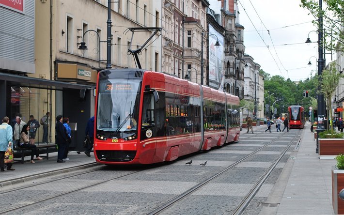 Katowice, kırmızı tramvay, şehir i&#231;i ulaşım kavramları, şehir Katowice, Polonya