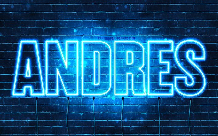 Andr&#233;s, 4k, fondos de pantalla con los nombres, el texto horizontal, Andr&#233;s nombre, luces azules de ne&#243;n, de la imagen con el nombre Andres
