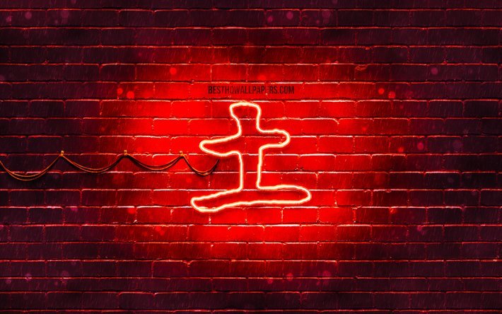 Earth Kanji hieroglyph, 4k, neon japanese hieroglyphs, Kanji, Japanese Symbol for Earth, red brickwall, Earth Japanese character, red neon symbols, Earth Japanese Symbol