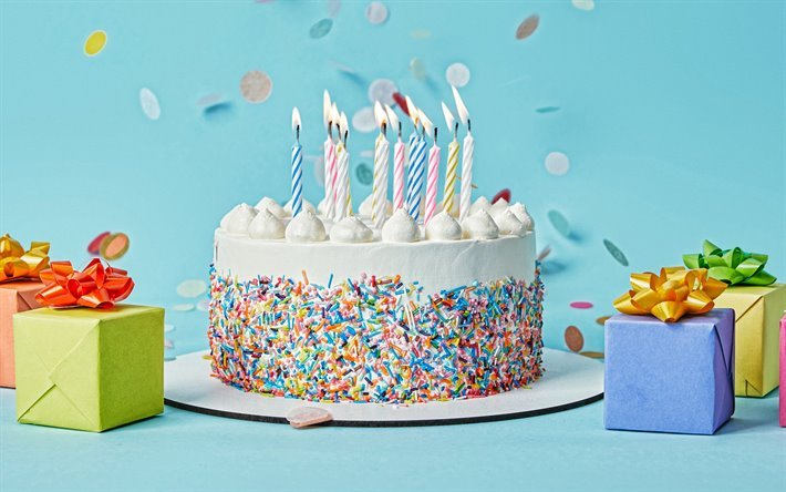 Birthday cake, Happy Birthday, cake with candles, Birthday cake on a blue background, Birthday gifts
