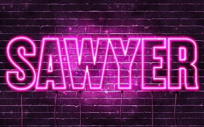 Sawyer, 4k, taustakuvia nimet, naisten nimi&#228;, Sawyer nimi, violetti neon valot, vaakasuuntainen teksti, kuva Sawyer nimi