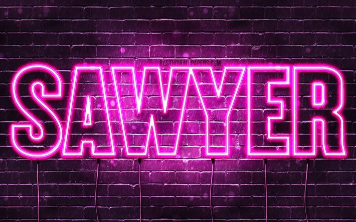 Sawyer, 4k, pap&#233;is de parede com os nomes de, nomes femininos, Sawyer nome, roxo luzes de neon, texto horizontal, imagem com Sawyer nome