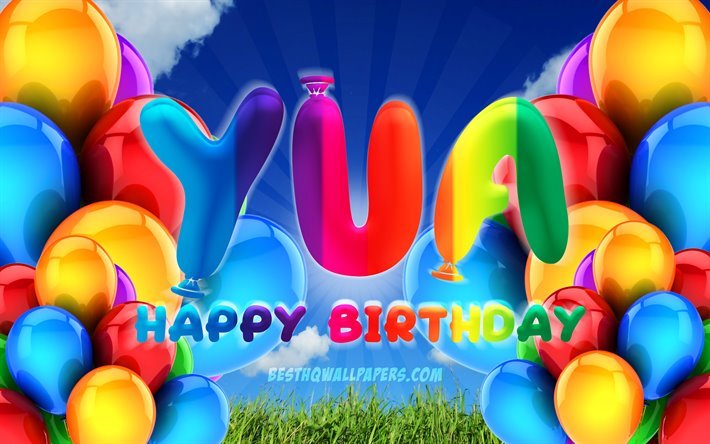 Yua Happy Birthday, 4k, cloudy sky background, female names, Birthday Party, colorful ballons, Yua name, Happy Birthday Yua, Birthday concept, Yua Birthday, Yua