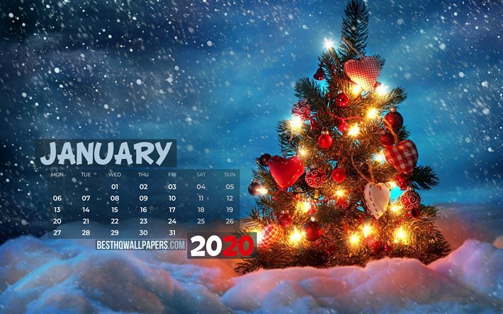 Janvier 2020 Calendrier, 4k, arbre de no&#235;l, 2020 calendrier, la veille de no&#235;l, janvier 2020, cr&#233;atif, janvier 2020 calendrier avec arbre de no&#235;l, Calendrier janvier 2020, fond bleu, 2020 calendriers