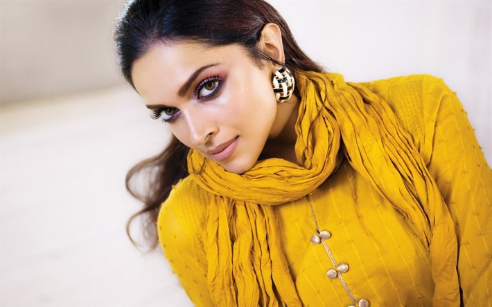 Deepika Padukone, 肖像, 黄色のインドのドレス, 驚, インド女優, インドファッションモデル, 美しいメイク