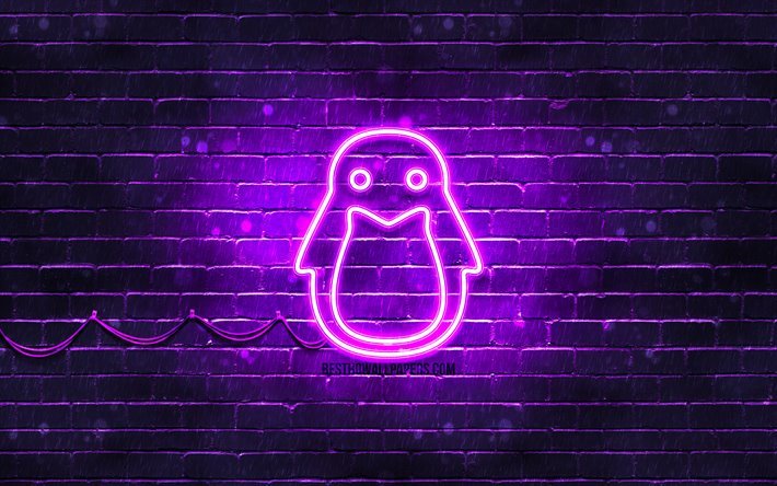 Linux mor logo, 4k, mor brickwall, Linux logo, yaratıcı, Linux neon logo, Linux