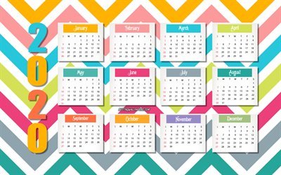 2020 retr&#242; calendario, 2020 abstract calendario, colore retr&#242; sfondo, tutti i mesi, creativo, sfondo, 2020 concetti, 2020 calendario