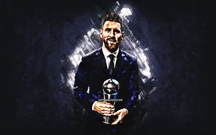 Lionel Messi, Jogador de futebol argentino, O Melhor FIFA de Mens Jogador 2019, Messi, com um copo de, retrato, pedra roxa de fundo