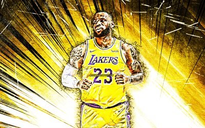 LeBron James, NBA, amarelo resumo raios, Los Angeles Lakers, estrelas de basquete, LeBron Raymone James Sr, grunge arte, basquete, LA Lakers, criativo, LeBron James Lakers