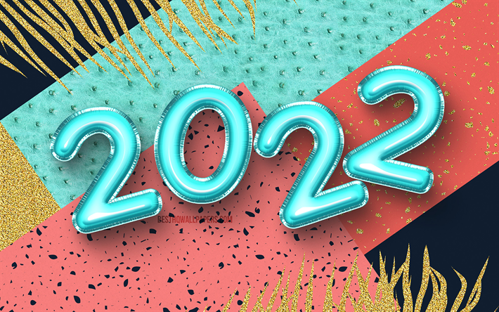 2022 cifre di palloncini realistici blu, 4k, palme, Felice Anno Nuovo 2022, palloncini realistici blu, concetti 2022, nuovo anno 2022, numeri anno 2022, 2022 su sfondo astratto, cifre anno 2022