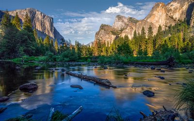 Yosemite, dağ nehri, dağ manzarası, sabah, gün doğumu, orman, California, ABD