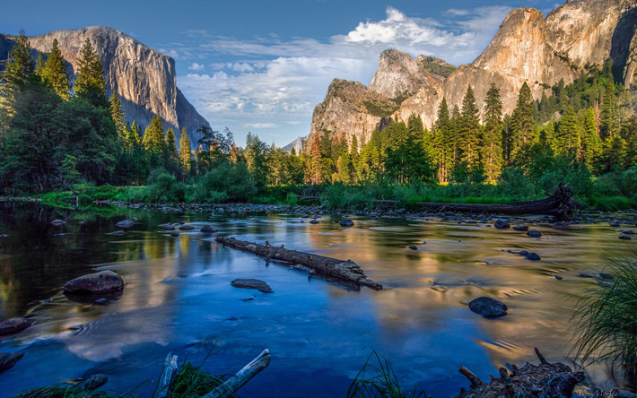 Yosemite, bergsflod, bergslandskap, morgon, soluppg&#229;ng, skog, Kalifornien, USA