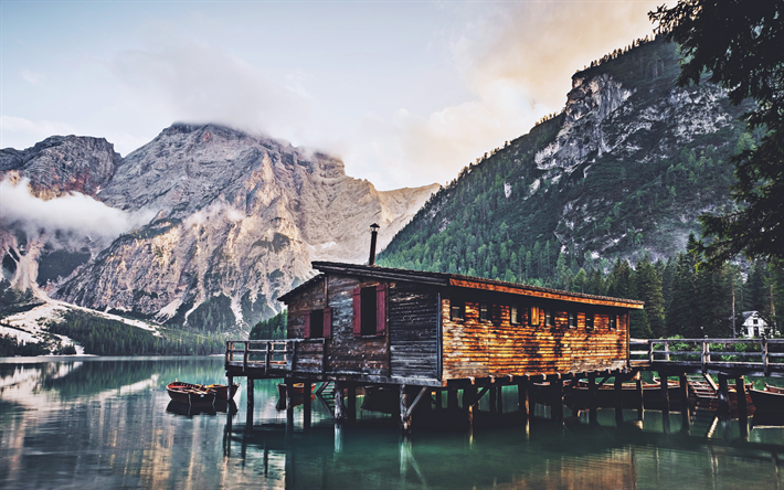Fanes-Sennes-Prags Nature Park, summer, morning, mountains, pier, Dolomites, South Tyrol, Italy, Europe, Alps, beautiful nature
