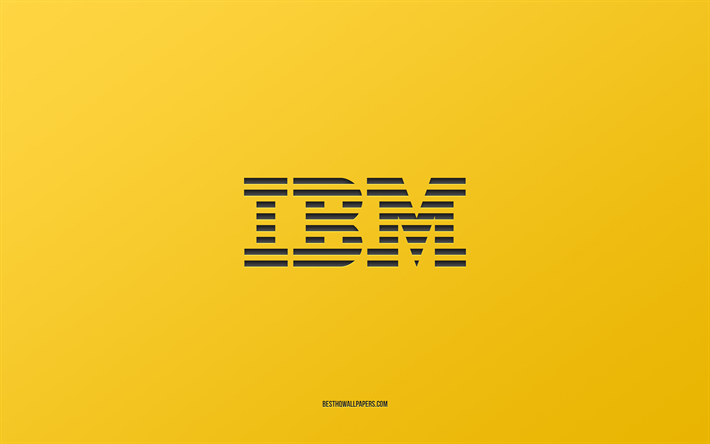 Logo IBM, sfondo giallo, arte elegante, marchi, emblema, IBM, trama di carta gialla, emblema IBM