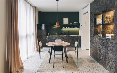 stylish interior design, kitchens, white walls and black furniture, modern interior design, kitchen, minimal, kitchen idea