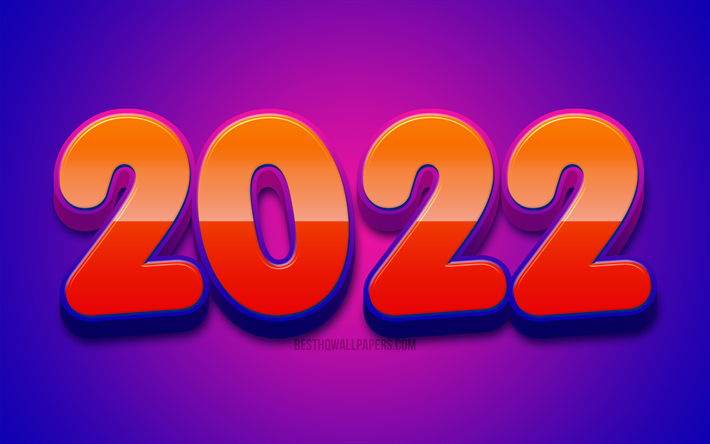 4k, 2022 oranssit sarjakuvanumerot, Hyv&#228;&#228; uutta vuotta 2022, violetti abstrakti tausta, 2022 k&#228;sitteet, 2022 oranssit 3D-numerot, 2022 uusi vuosi, 2022 vuosinumerot, 2022 violetilla taustalla, 2022 vuoden numerot