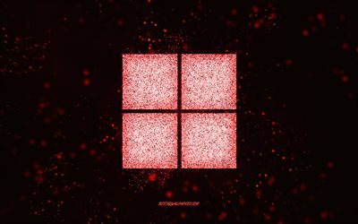 Logo glitter di Windows 11, arte glitter rossa, sfondo nero, logo Windows 11, arte creativa, logo glitter rosso di Windows 11, logo Windows, Windows