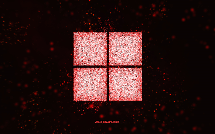 Logo glitter di Windows 11, arte glitter rossa, sfondo nero, logo Windows 11, arte creativa, logo glitter rosso di Windows 11, logo Windows, Windows