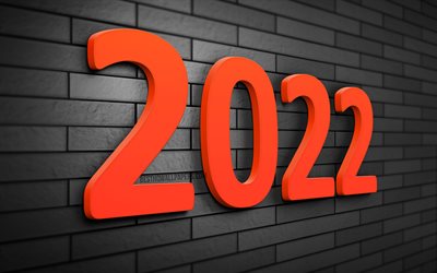 2022 orange 3D digits, 4k, gray brickwall, 2022 business concepts, 2022 new year, Happy New Year 2022, creative, 2022 on gray background, 2022 concepts, 2022 year digits