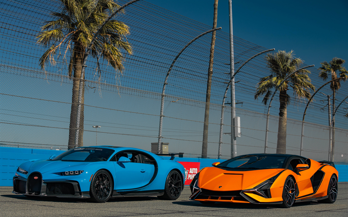 Lamborghini Sian, Bugatti Chiron, hipercarros, carros de corrida, novo Sian laranja, novo Chiron azul, supercarros, Lamborghini, Bugatti