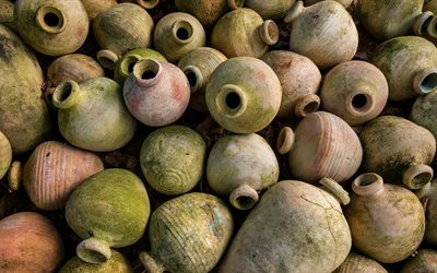 old amphoras, old dishes, background with amphoras, green amphora, dishes, amphoras