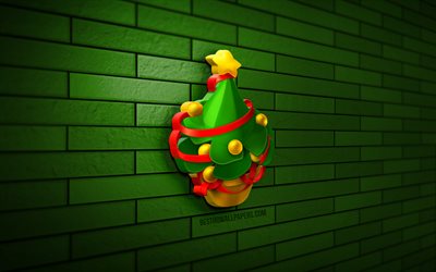 4k, 3Dクリスマスツリー, 黄色のクリスマスボール, 赤いリボン, 緑のレンガの壁, でてくるのは？, 新年あけましておめでとうございます, クリスマスの飾り, メリークリスマス, クリスマスツリー, 3Dアート