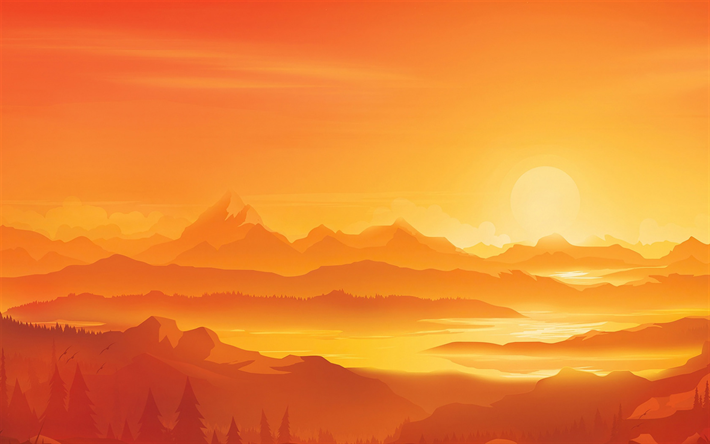 塗られた山の風景, 日没のベクトルアート, 風景ベクトルアート, 風景ベクトルの背景, 夕日のベクトルの背景