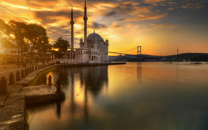 Ortakoy, Istanbul, evening, sunset, Agios Fokas, Mesachorion, Turkish Mosque, Bosphorus Bridge, Istanbul cityscape, Turkey