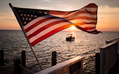 USA flagga, kv&#228;ll, solnedg&#229;ng, amerikanska flaggan, USA, havskusten, USA:s flagga