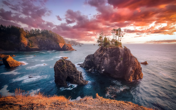 rocks in the ocean, coast, ocean, evening, sunset, mountain landscape, Pacific Ocean, California, USA