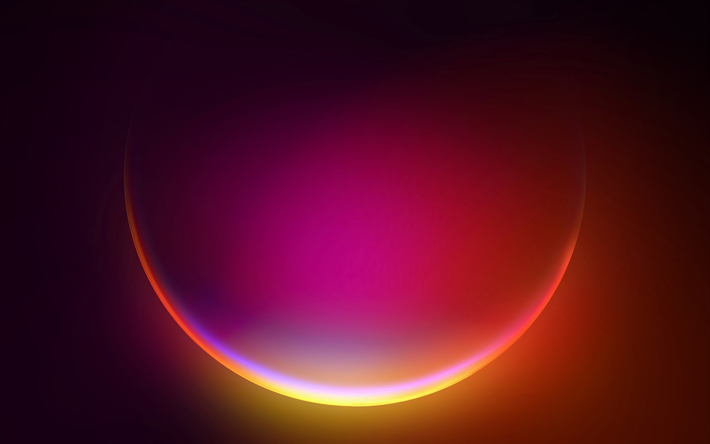 Sfondo di Windows 11, cerchio al neon viola, sfondo arancione, sfondo cerchi, Windows, luce al neon viola arancione, sfondo chiaro al neon