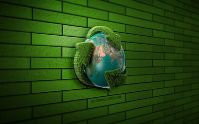 icona di riciclaggio 3D, 4K, ambiente, muro di mattoni verde, creativo, icona di riciclaggio, concetti di ecologia, riciclaggio, arte 3D, icone di ecologia