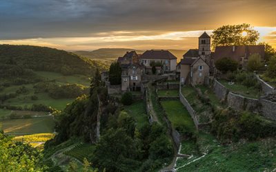 Chateau-Chalon, ancient castle, valley, evening, sunset, castles of France, Chateau-Chalon proud landscape, Chateau-Chalon panorama, France