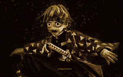 Zenitsu Agatsuma, Demon Slayer, Kimetsu no Yaiba, gul glitterkonst, Kimetsu no Yaiba-karakt&#228;rer, Agatsuma Zenitsu