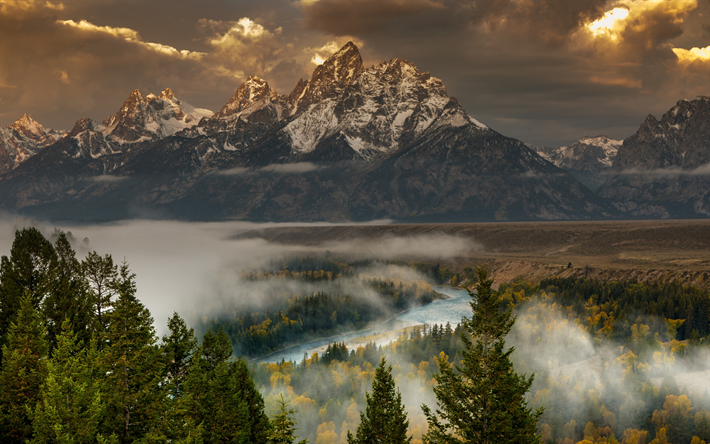 mountain landscape, rocks, morning, sunrise, mountains, mountain river, fog, forest, autumn, Grand Teton National Park, Wyoming, USA