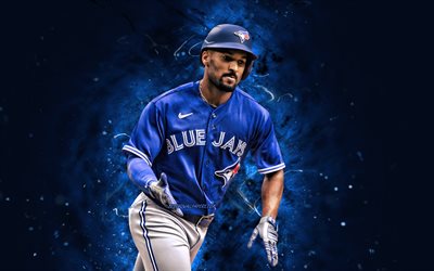 Marcus Semien, 4k, Toronto Blue Jays, HABERLER, meydancı, beyzbol, mavi neon ışıkları, Marcus Semien Toronto Blue Jays, Marcus Semien 4K