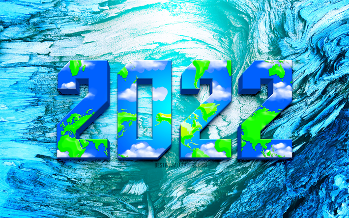 4k, 2022 cifre 3D, Felice Anno Nuovo 2022, sfondo blu della natura, 2022 concetti, concetti di ecologia, 2022 capodanno, 2022 su sfondo blu, 2022 cifre dell&#39;anno