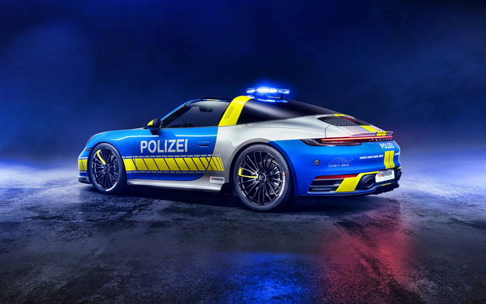 2021, TechArt Cabriolet Tune it Safe, 4k, bakifr&#229;n, exteri&#246;r, Porsche 911 Cabriolet, polisens superbil, tysk polis, polissportbil, TechArt, trimning, tyska sportbilar, Porsche