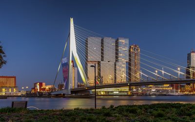 Rotterdam, 4k, Erasmusbrug, Bascule k&#246;pr&#252;s&#252;, Erasmus K&#246;pr&#252;s&#252;, Rotterdam şehir manzarası, Rotterdam panorama, Hollanda