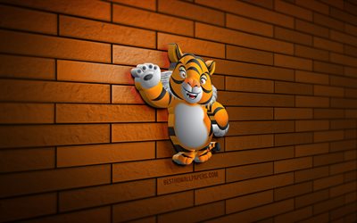Année du Tigre, 4K, mur de briques orange, tigre de dessin animé, Bonne année 2022, icônes d'animaux, Zodiaque chinois 2022, Tigre de dessin animé 3D, Bonne année, Signe du zodiaque Tigre, icône de tigre
