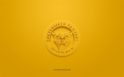 Zoetermeer Panthers, creative 3D logo, yellow background, BeNe League, 3d emblem, Dutch hockey Club, Netherlands, 3d art, hockey, Zoetermeer Panthers 3d logo
