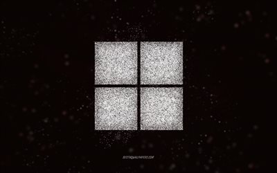 Windows 11 glitter logo, white glitter art, black background, Windows 11 logo, Windows 11, creative art, Windows 11 white glitter logo, Windows logo, Windows