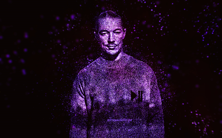 Diplo, purple glitter art, black background, American DJ, Diplo art, Thomas Wesley Pentz