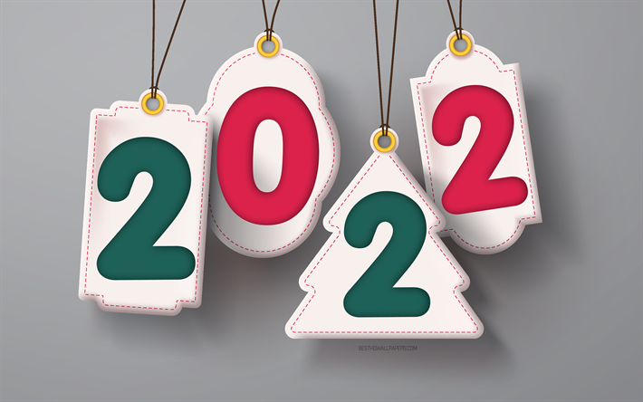 Happy New Year 2022, numbers on stickers, 2022 New Year, gray background, 2022 concepts, New Year 2022, creative art, 2022 greeting card