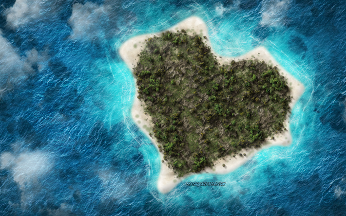 Heart island, romantic places, heart shaped island, love concepts, romance, tropical island, ocean, heart island top view