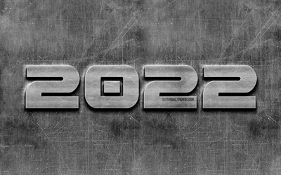 2022 metalliset 3D-numerot, 4k, Hyvää Uutta Vuotta 2022, harmaa metalli taustat, 2022 konseptit, 3d-taide, 2022 uusi vuosi, 2022 vuosiluvut, 2022 metallitaustalla, 2022 vuosiluku