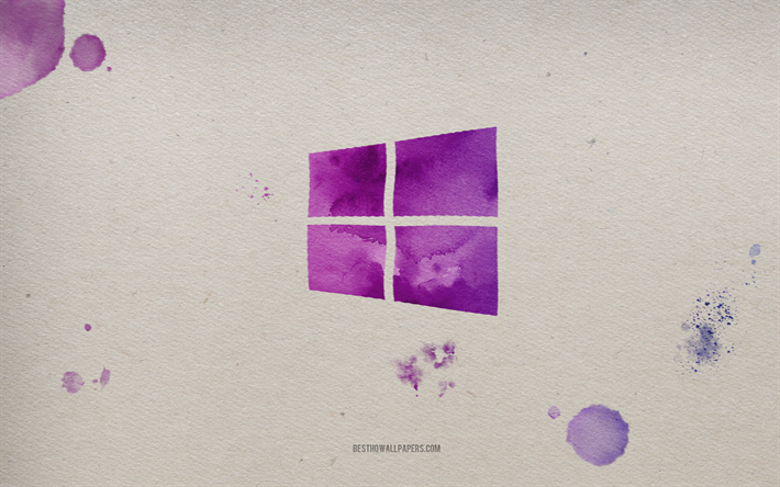 Windows 10 logo, purple watercolor paint logo, Windows 10, paper background, Windows 10 emblem, Windows logo, paint watercolor art, Windows