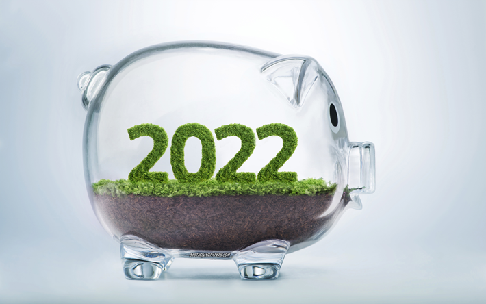 2022 New Year, 4k, piggy bank, Save money, 2022 piggy bank background, Happy New Year 2022, deposits concepts, 2022 concepts, business 2022 background 2022 New Year
