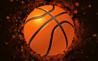 basket, 4k, luci al neon arancioni, creativo, sfondi sportivi, basket astratto